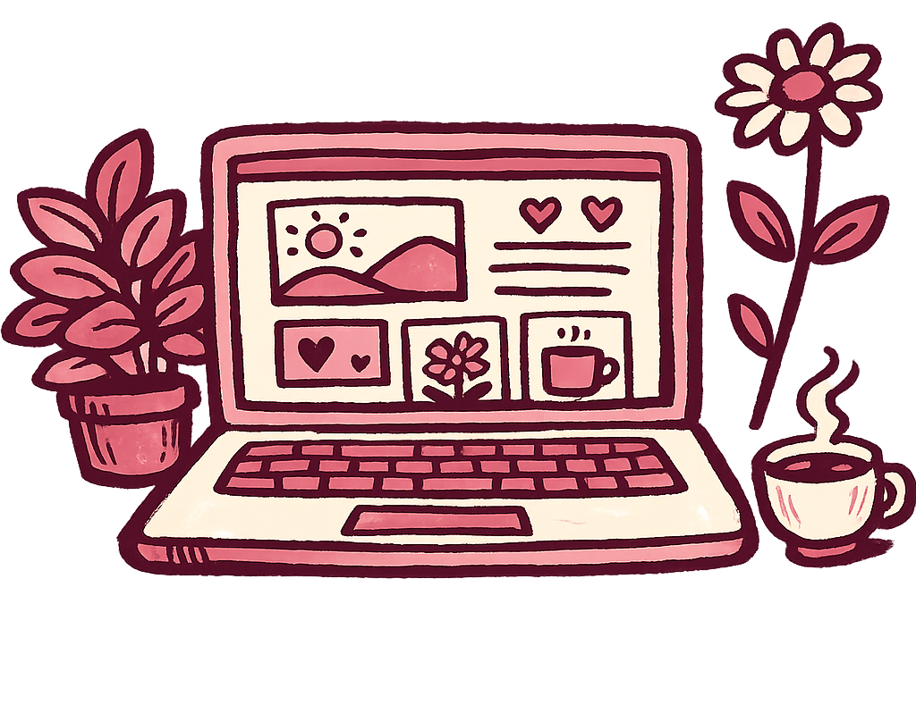 A hand-drawn laptop showing a little website, with a leafy plant, a flower and a cup of tea beside it