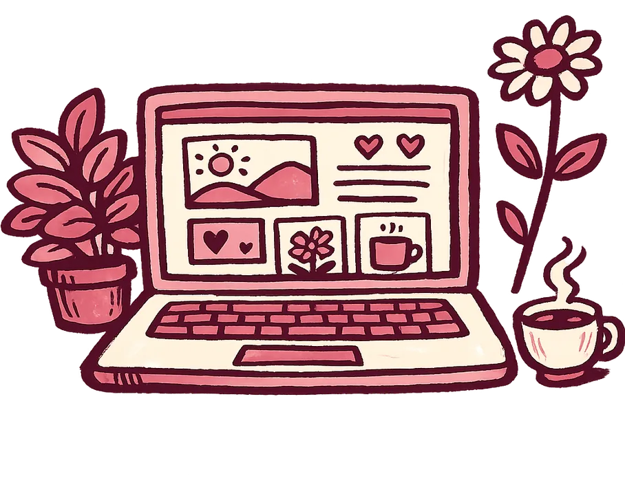 A hand-drawn laptop showing a little website, with a leafy plant, a flower and a cup of tea beside it